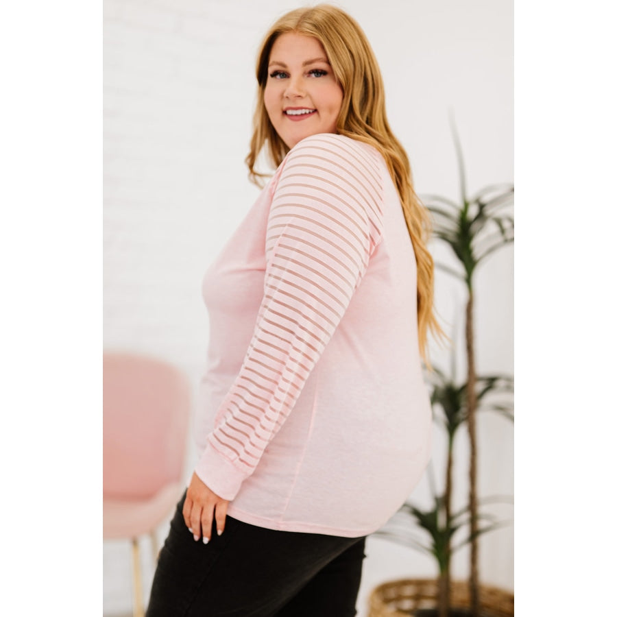 Plus Size Sheer Striped Sleeve V-Neck Top