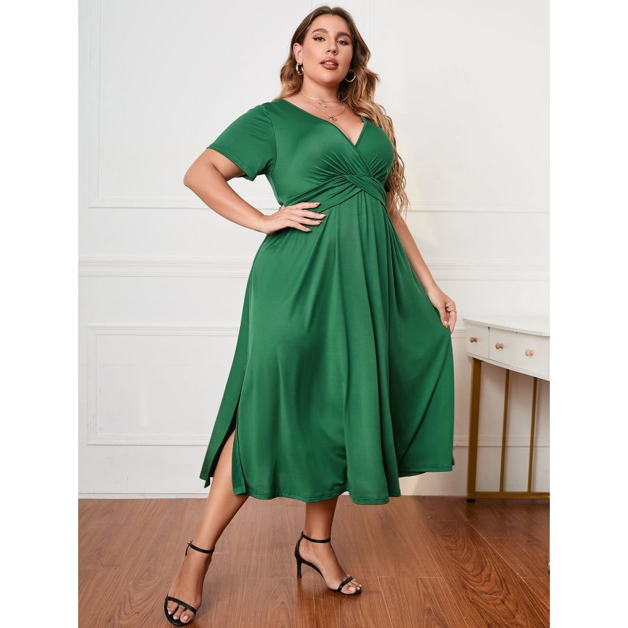 Plus Size Short Sleeve Surplice Neck Midi Dress