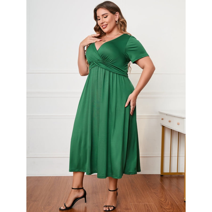 Plus Size Short Sleeve Surplice Neck Midi Dress