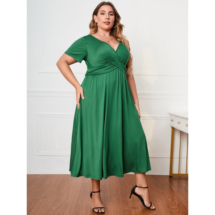 Plus Size Short Sleeve Surplice Neck Midi Dress