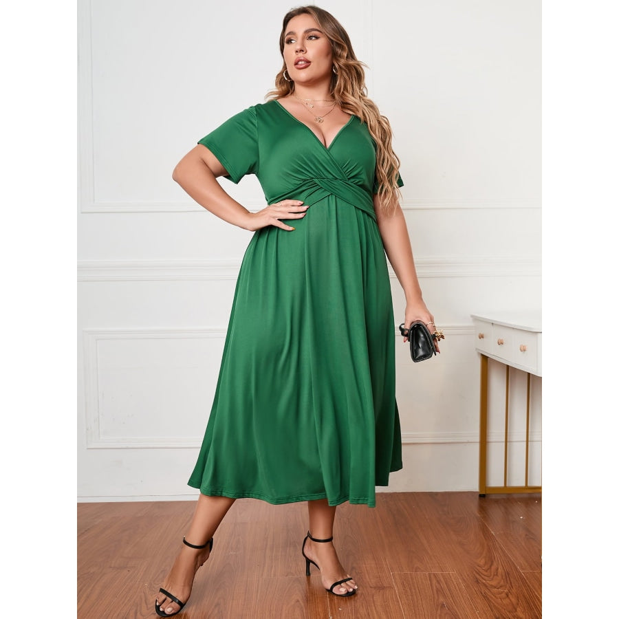 Plus Size Short Sleeve Surplice Neck Midi Dress