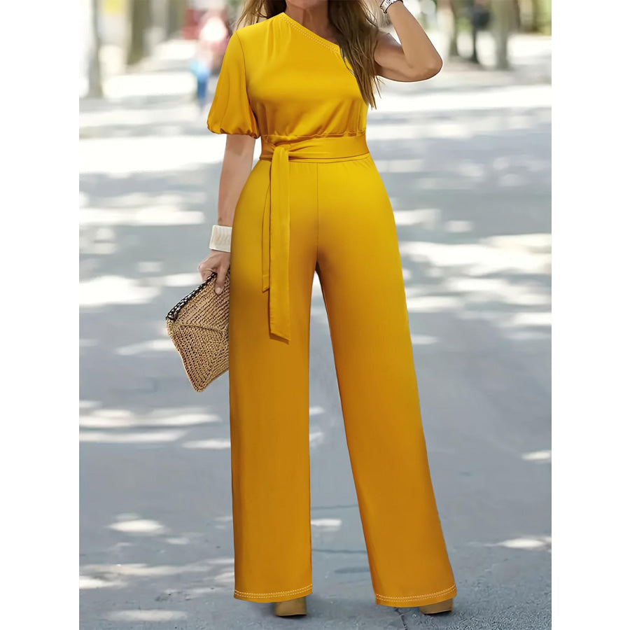 Plus Size Single Shoulder Tie Waist Jumpsuit Gold / 1XL Apparel and Accessories