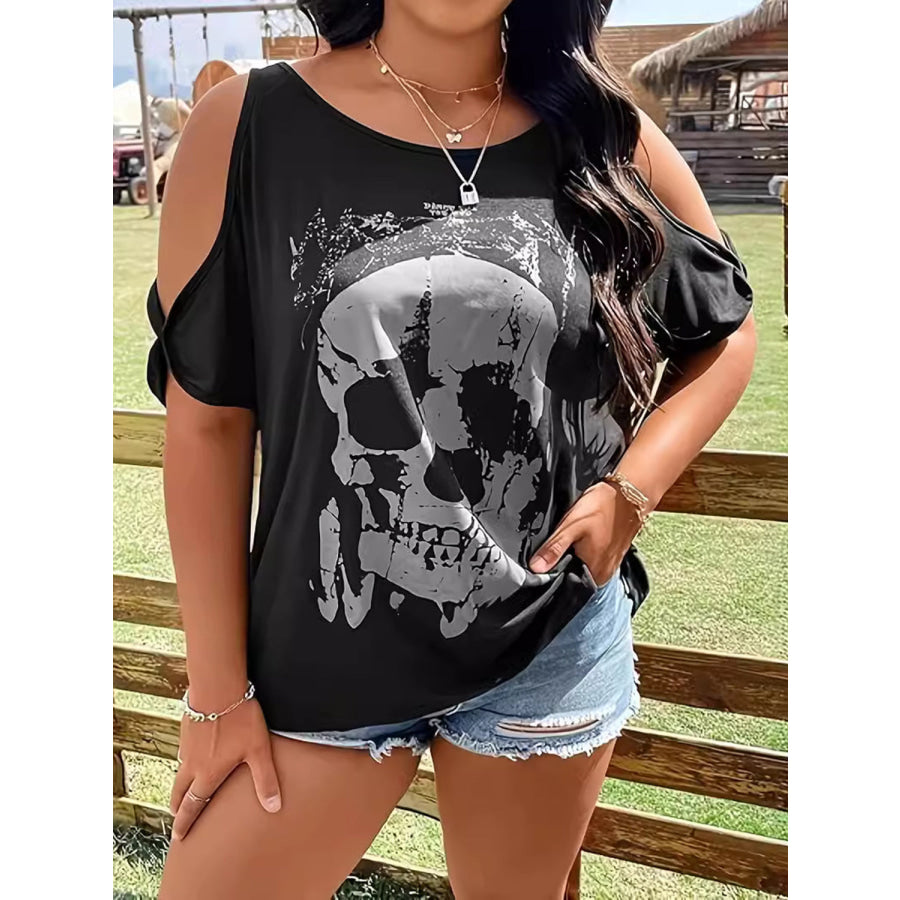 Plus Size Skeleton Graphic Round Neck Cold Shoulder T-Shirt Apparel and Accessories