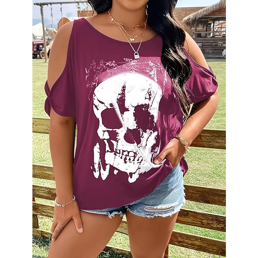 Plus Size Skeleton Graphic Round Neck Cold Shoulder T-Shirt Apparel and Accessories