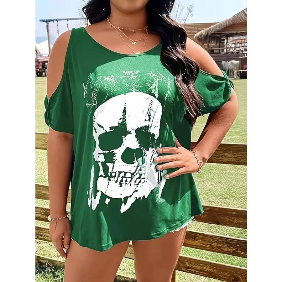 Plus Size Skeleton Graphic Round Neck Cold Shoulder T-Shirt Apparel and Accessories