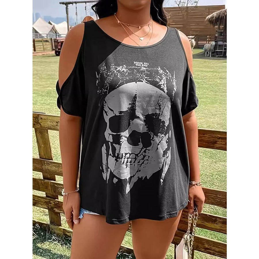 Plus Size Skeleton Graphic Round Neck Cold Shoulder T-Shirt Black / 1XL Apparel and Accessories