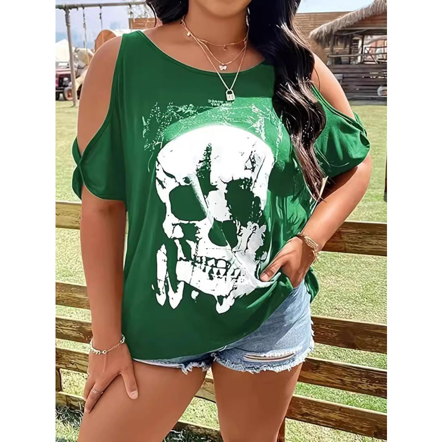 Plus Size Skeleton Graphic Round Neck Cold Shoulder T-Shirt Green / 1XL Apparel and Accessories