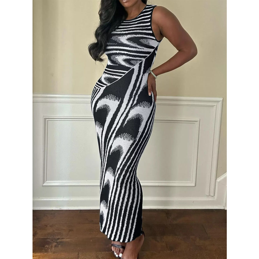 Plus Size Sleeveless Bodycon Maxi Dress with Abstract Print Black / 1XL Apparel and Accessories