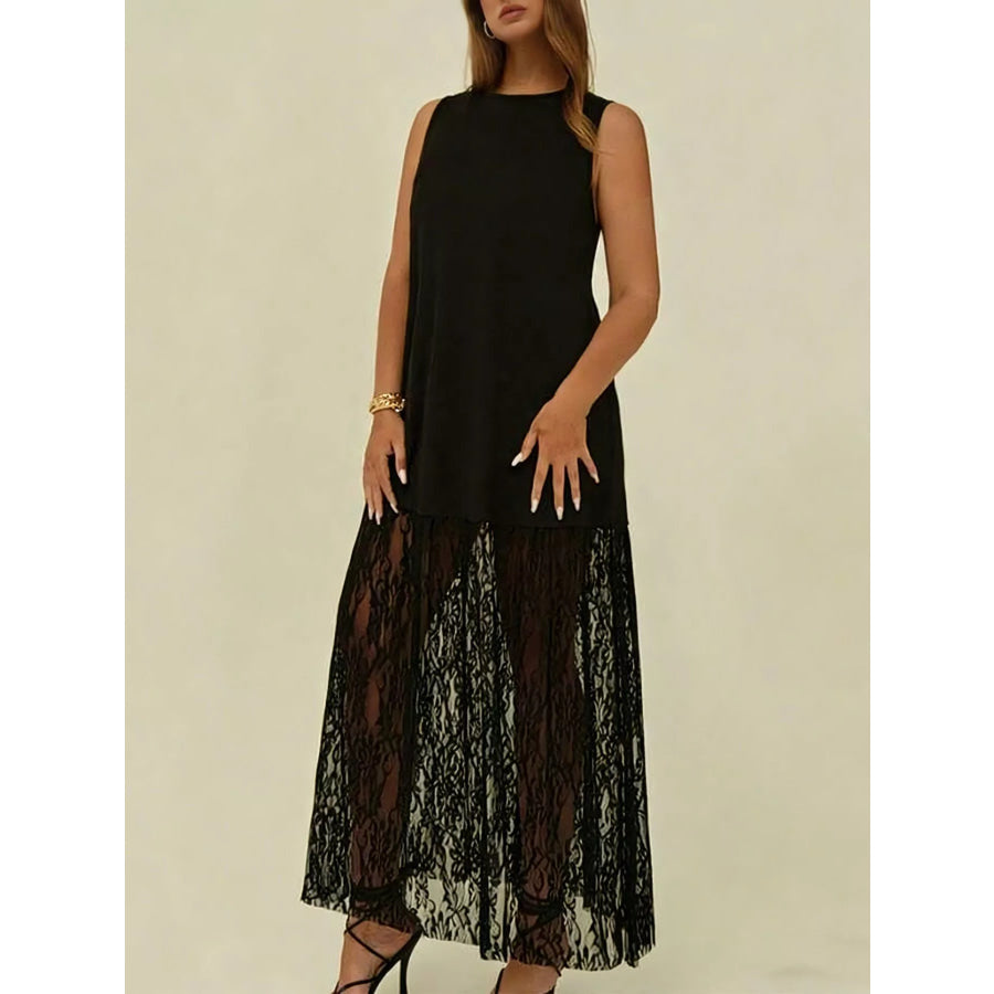 Plus Size Sleeveless Lace Trim Maxi Dress Black / 0XL Apparel and Accessories