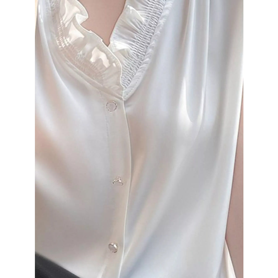 Plus Size Sleeveless Ruffled V-Neck Satin Shirt Apparel and Accessories