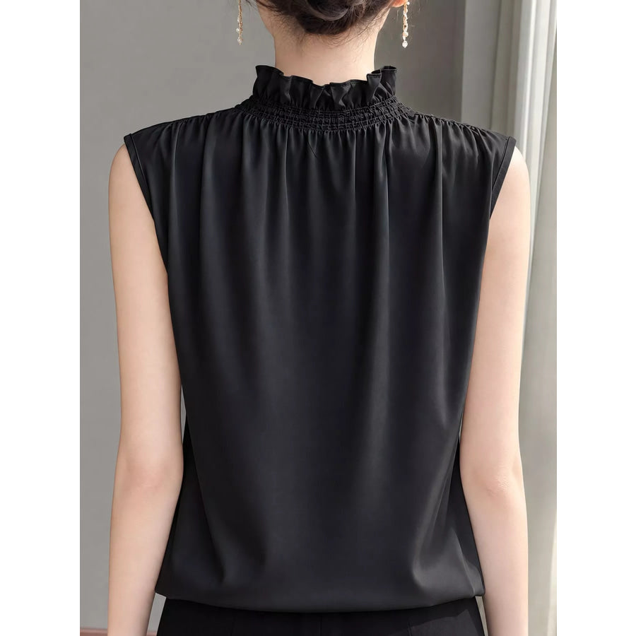 Plus Size Sleeveless Ruffled V-Neck Satin Shirt Apparel and Accessories
