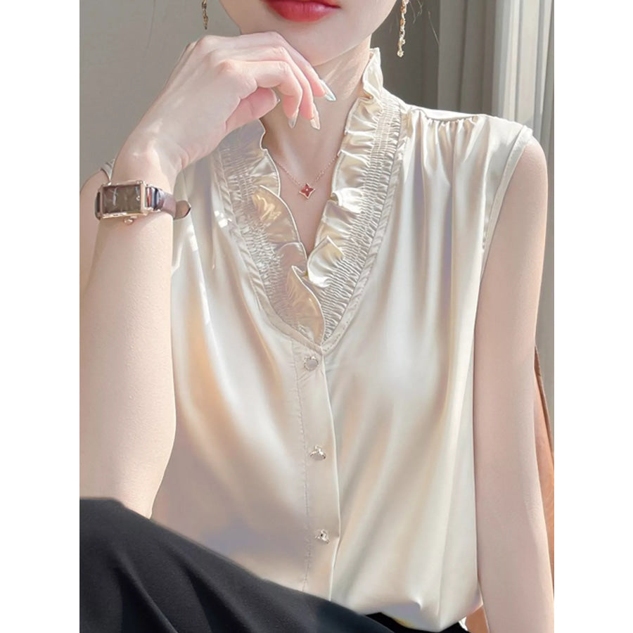 Plus Size Sleeveless Ruffled V-Neck Satin Shirt Apparel and Accessories