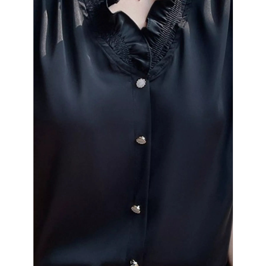 Plus Size Sleeveless Ruffled V-Neck Satin Shirt Apparel and Accessories