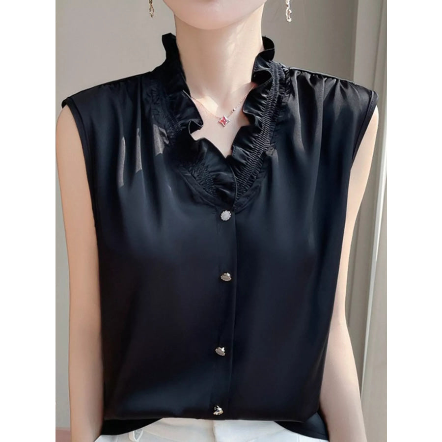 Plus Size Sleeveless Ruffled V-Neck Satin Shirt Black / M Apparel and Accessories