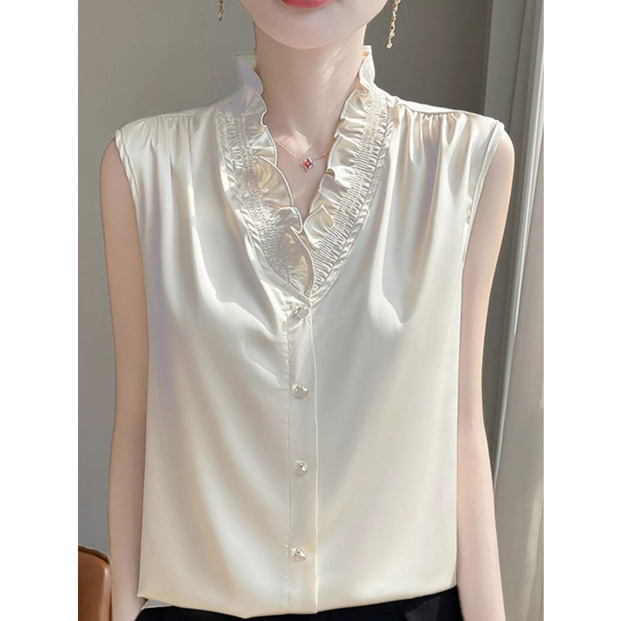 Plus Size Sleeveless Ruffled V-Neck Satin Shirt Champagne / M Apparel and Accessories