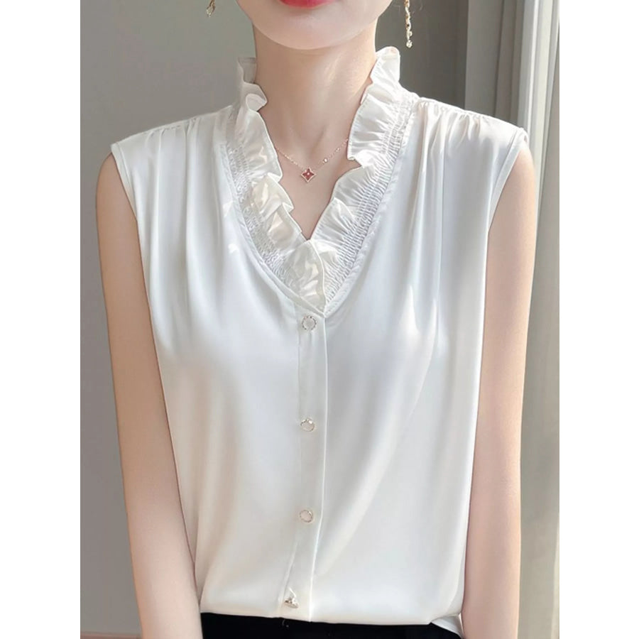 Plus Size Sleeveless Ruffled V-Neck Satin Shirt White / M Apparel and Accessories