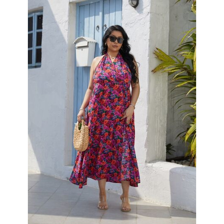 Plus Size Slit Floral Halter Neck Dress Apparel and Accessories