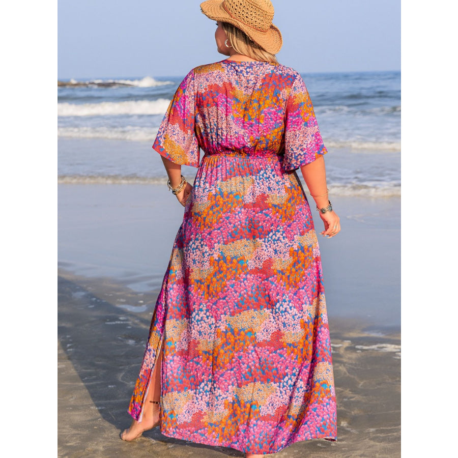 Plus Size Slit Printed Half Sleeve Dress Apparel and Accessories