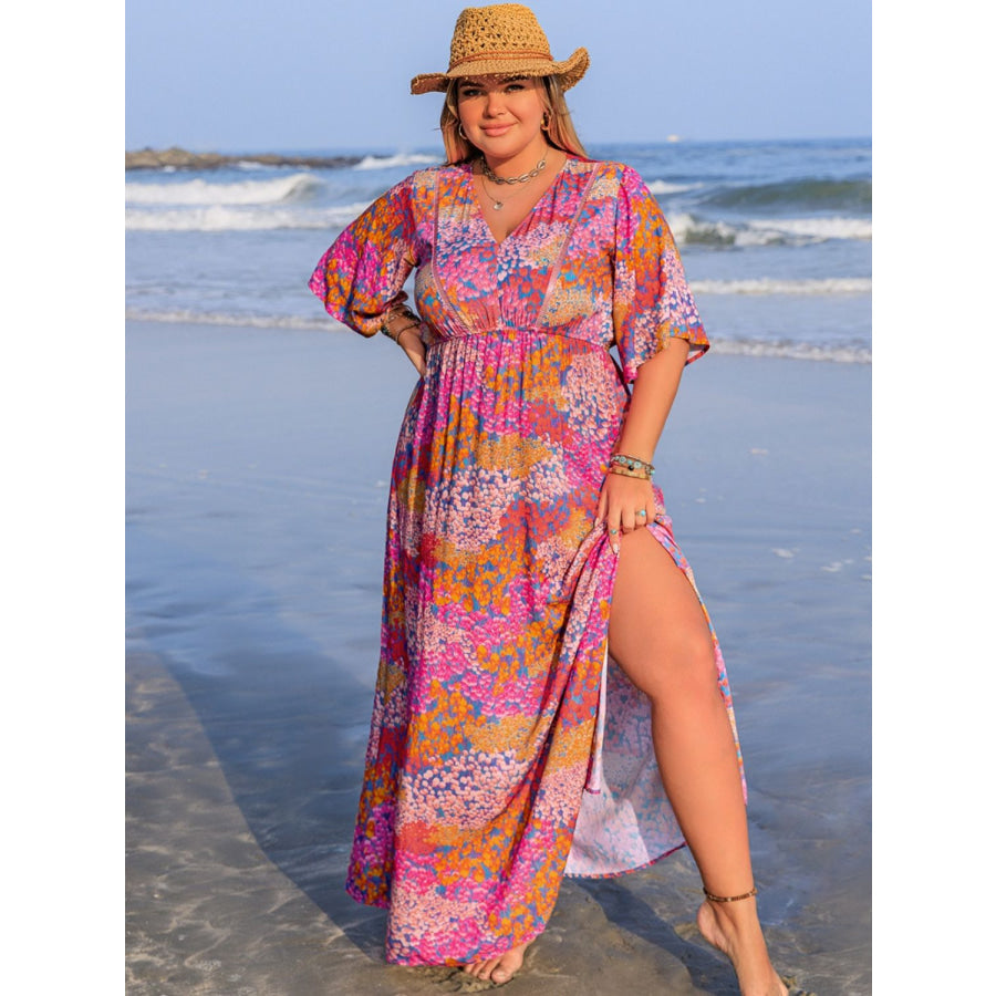 Plus Size Slit Printed Half Sleeve Dress Apparel and Accessories