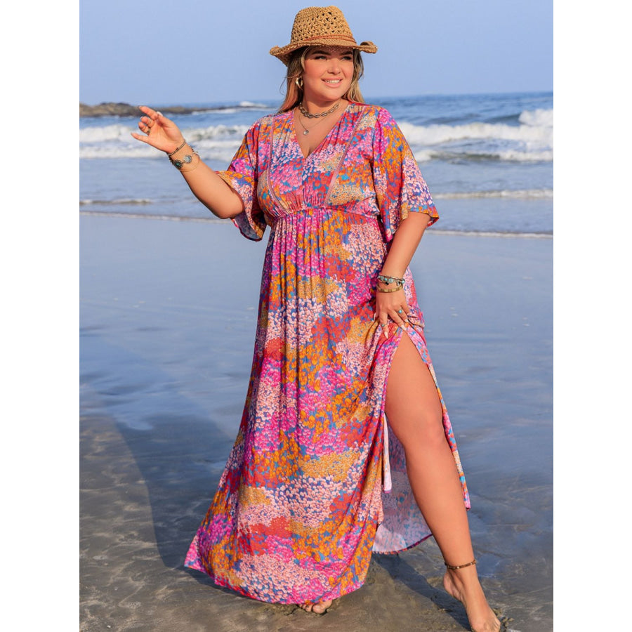 Plus Size Slit Printed Half Sleeve Dress Scarlet / 0XL Apparel and Accessories