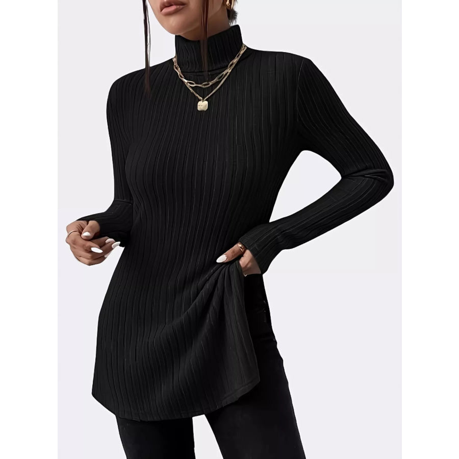 Plus Size Slit Ribbed Turtleneck Long Sleeve T-Shirt Apparel and Accessories