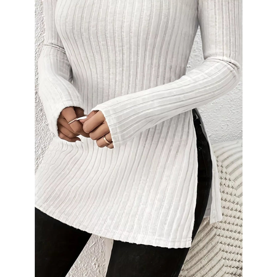Plus Size Slit Ribbed Turtleneck Long Sleeve T-Shirt Apparel and Accessories