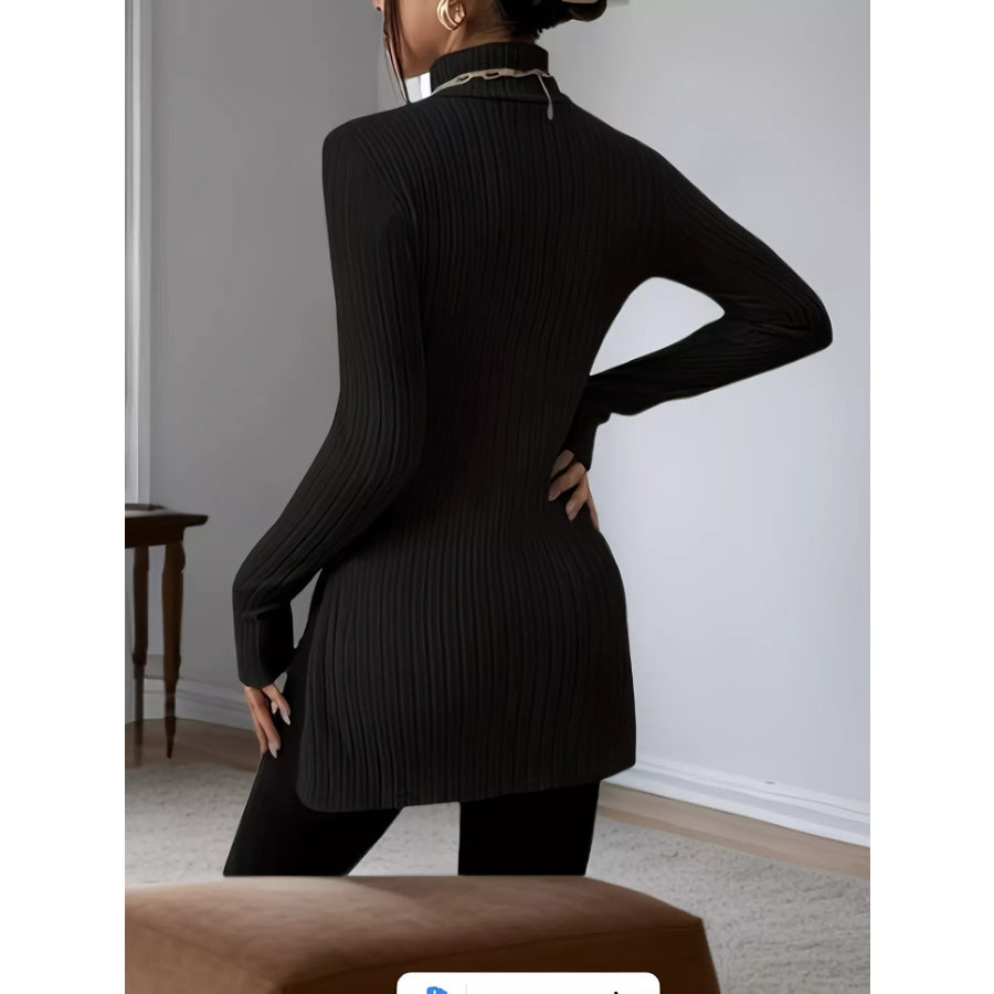 Plus Size Slit Ribbed Turtleneck Long Sleeve T-Shirt Apparel and Accessories