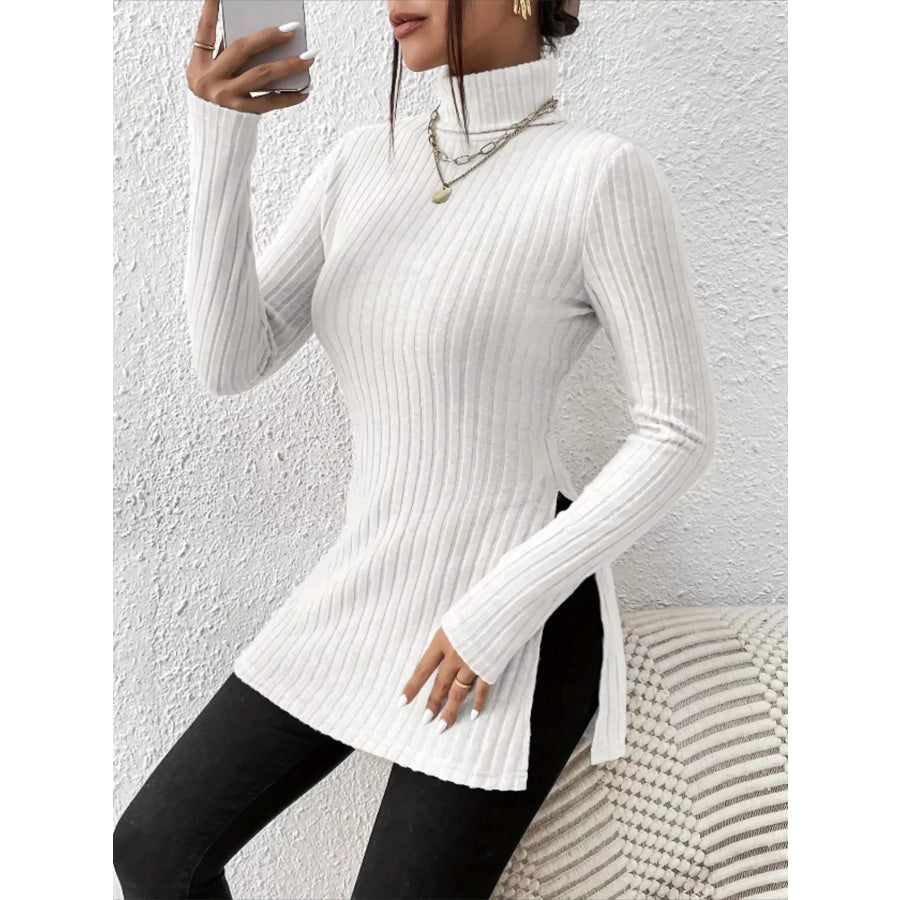 Plus Size Slit Ribbed Turtleneck Long Sleeve T-Shirt Apparel and Accessories