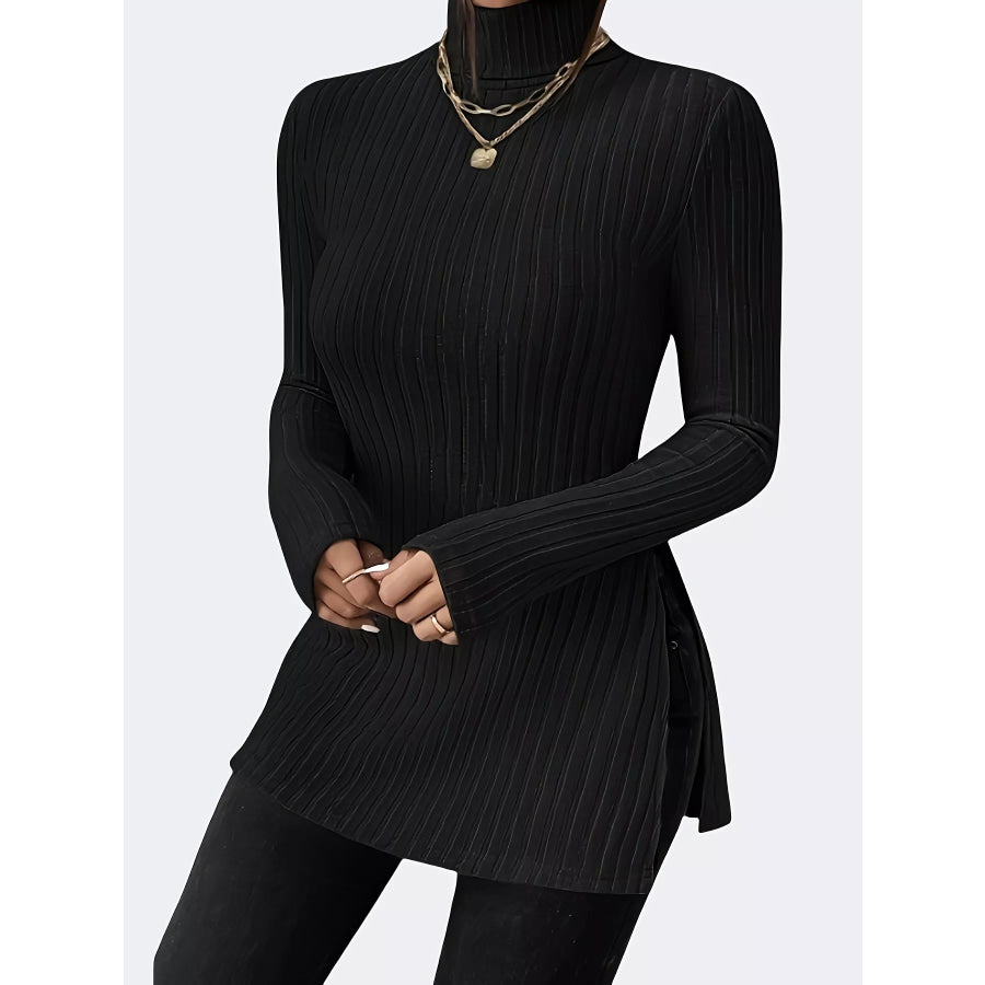 Plus Size Slit Ribbed Turtleneck Long Sleeve T-Shirt Black / XL Apparel and Accessories