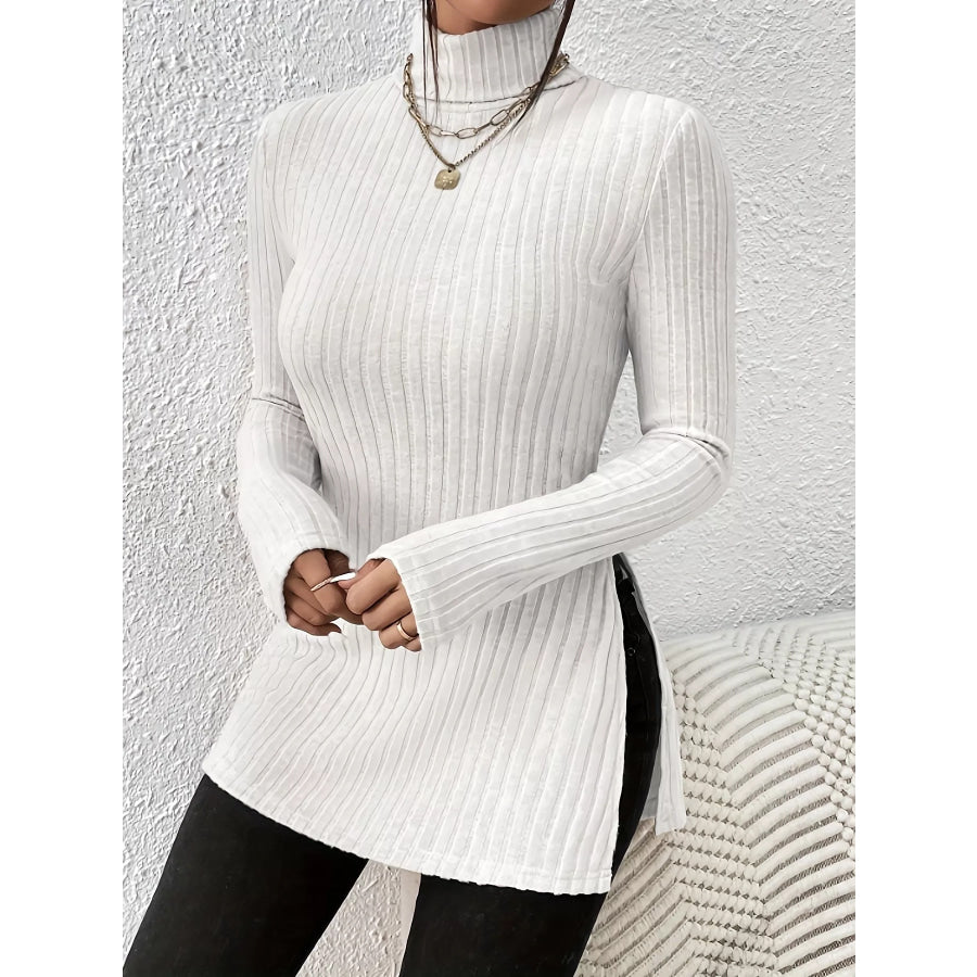 Plus Size Slit Ribbed Turtleneck Long Sleeve T-Shirt White / XL Apparel and Accessories
