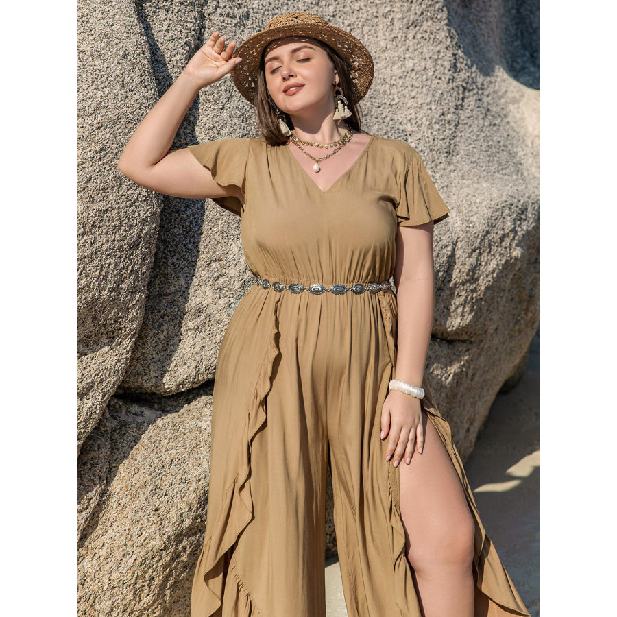 Plus Size Slit Ruffled V-Neck Jumpsuit Apparel and Accessories