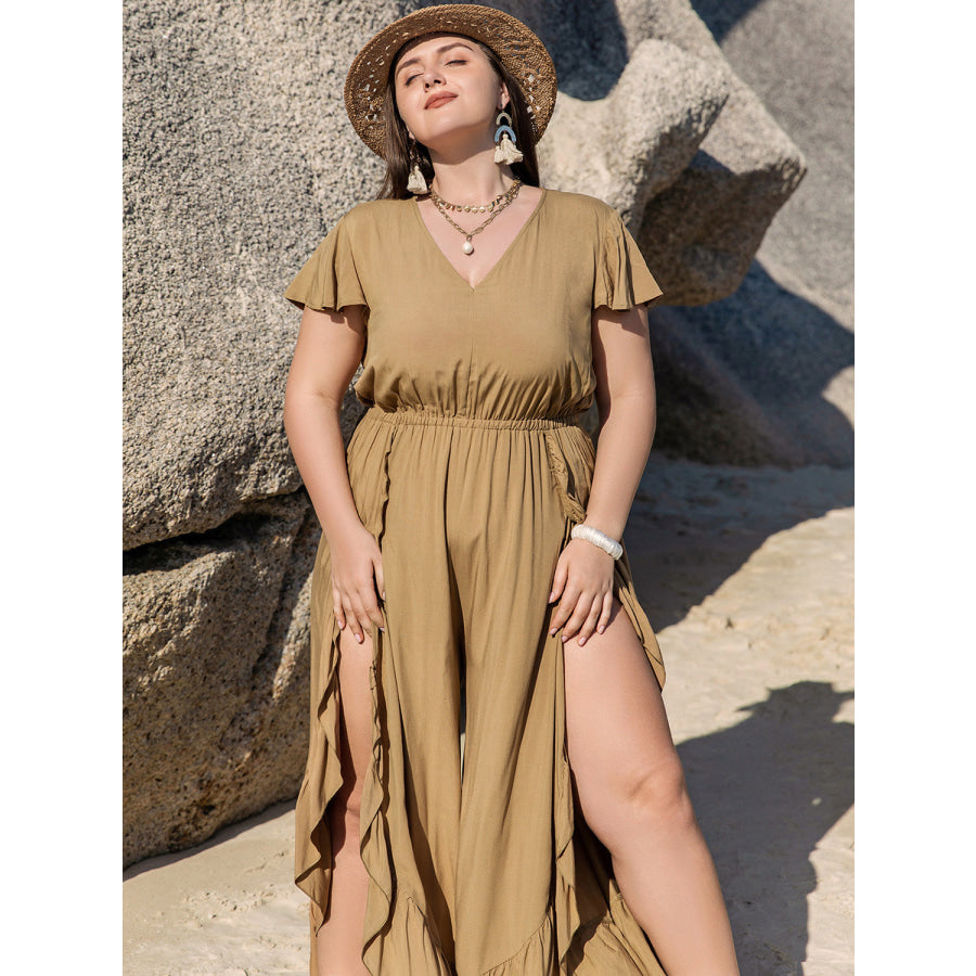 Plus Size Slit Ruffled V-Neck Jumpsuit Apparel and Accessories