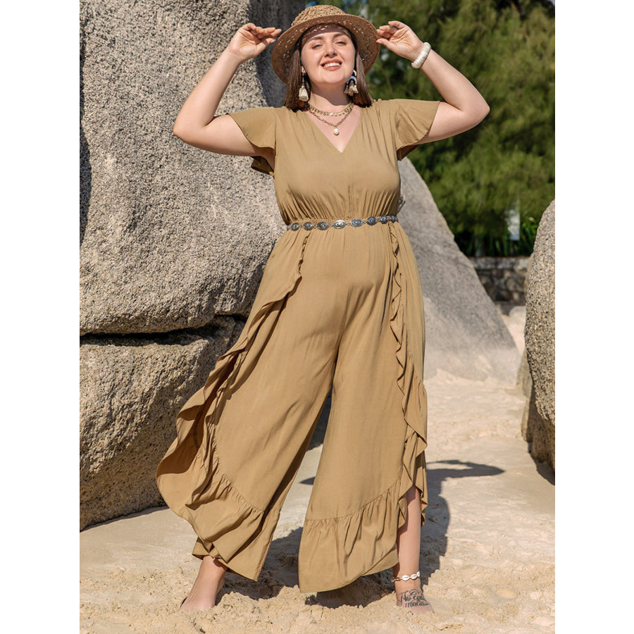 Plus Size Slit Ruffled V-Neck Jumpsuit Camel / 0XL Apparel and Accessories