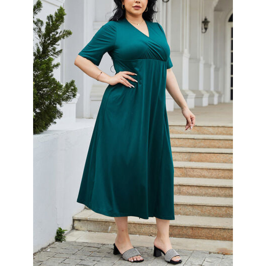 Plus Size Slit Surplice Short Sleeve Midi Dress Apparel and Accessories