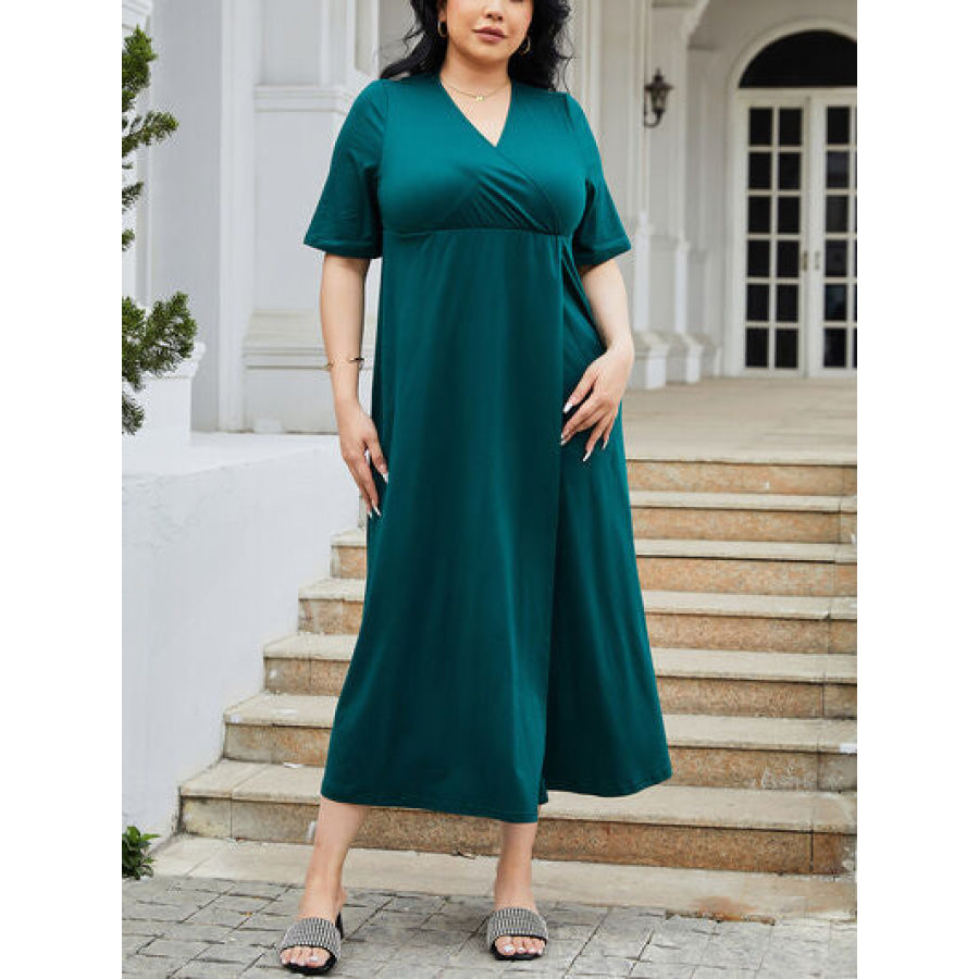 Plus Size Slit Surplice Short Sleeve Midi Dress Deep Teal / 1XL Apparel and Accessories