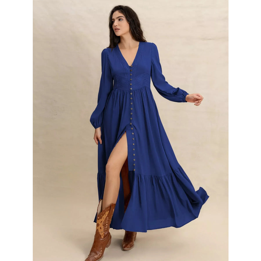 Plus Size Slit V-Neck Long Sleeve Maxi Dress Apparel and Accessories