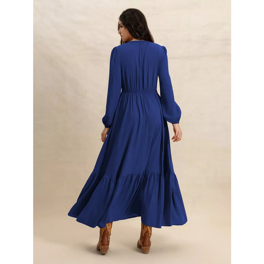 Plus Size Slit V-Neck Long Sleeve Maxi Dress Apparel and Accessories