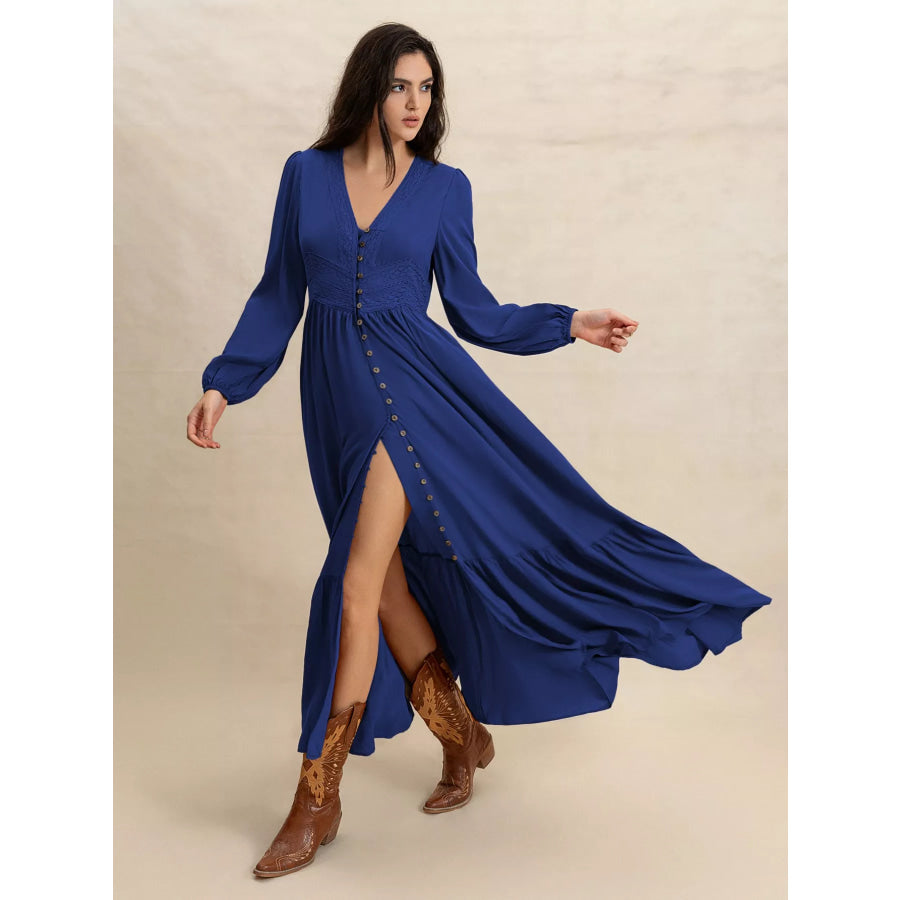 Plus Size Slit V-Neck Long Sleeve Maxi Dress Apparel and Accessories