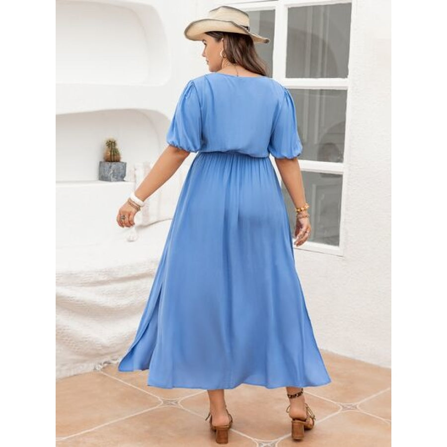 Plus Size Slit V-Neck Short Sleeve Dress Clothing