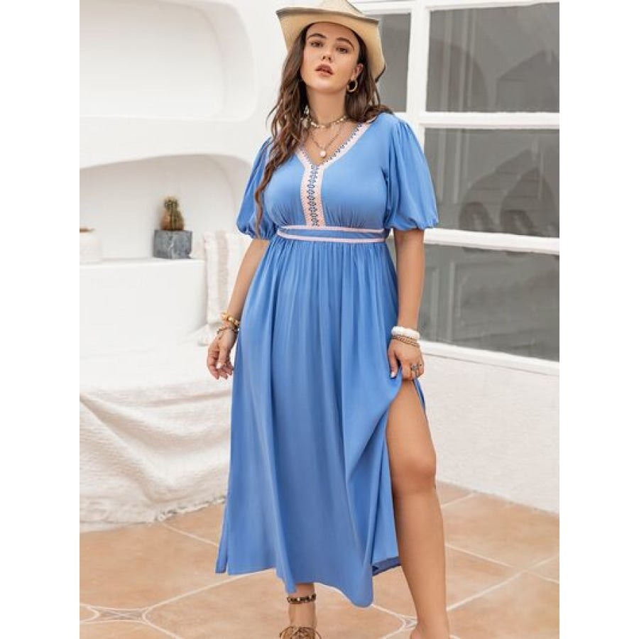 Plus Size Slit V-Neck Short Sleeve Dress Clothing