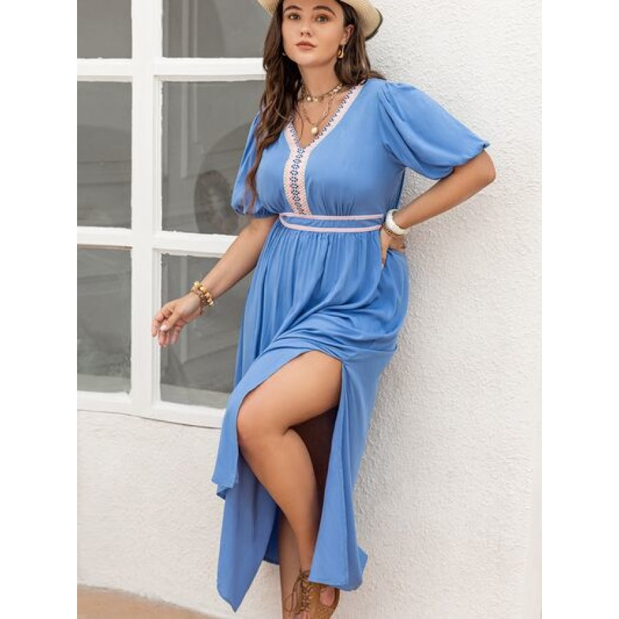 Plus Size Slit V-Neck Short Sleeve Dress Clothing