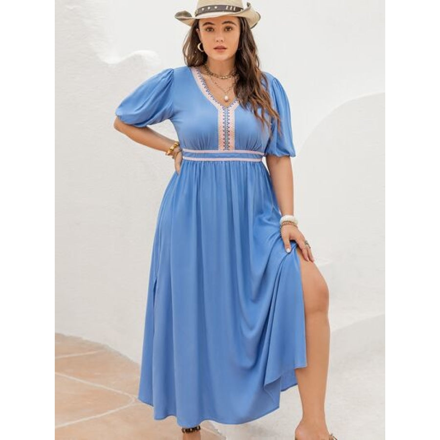 Plus Size Slit V-Neck Short Sleeve Dress Ultra marine / 0XL Clothing