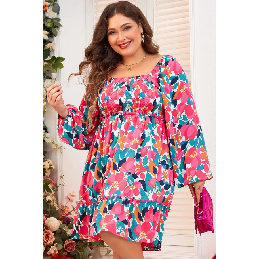 Plus Size Smocked Floral Square Neck Balloon Sleeve Dress Apparel and Accessories