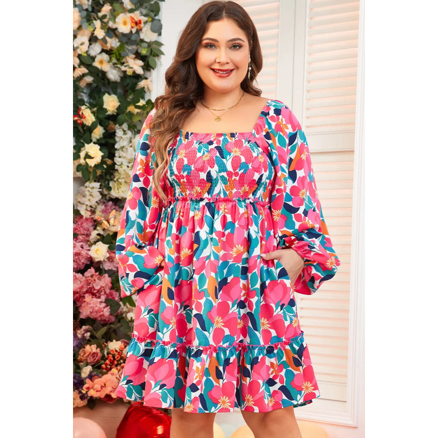 Plus Size Smocked Floral Square Neck Balloon Sleeve Dress Apparel and Accessories