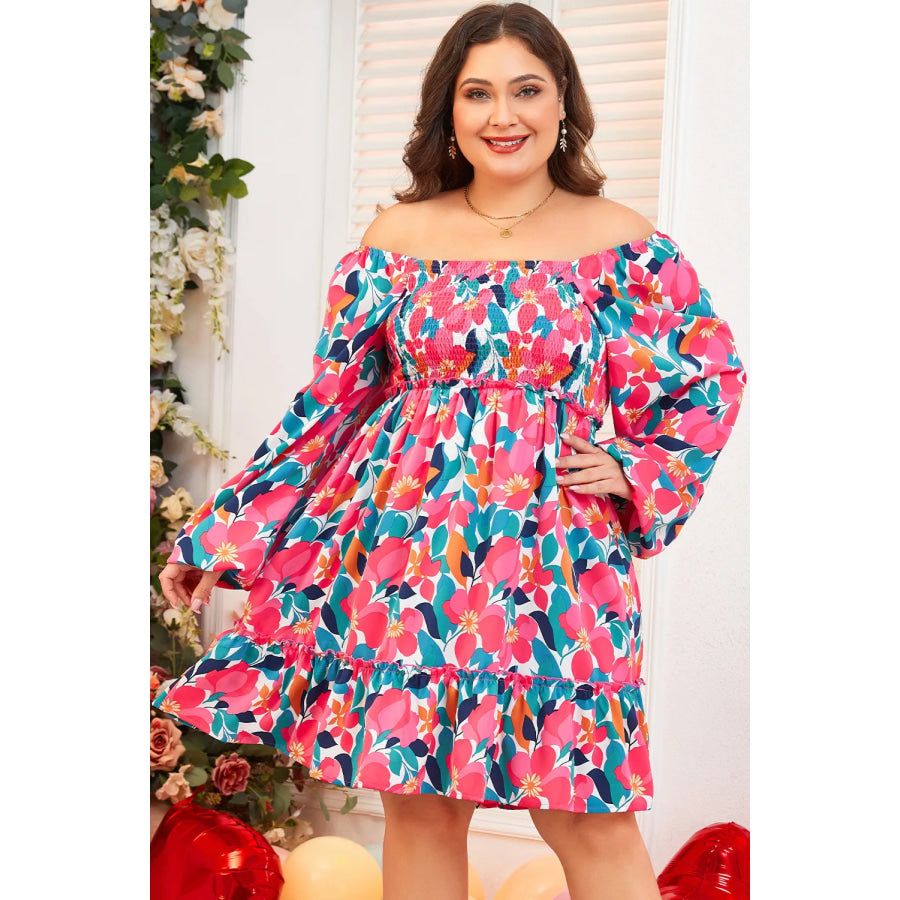 Plus Size Smocked Floral Square Neck Balloon Sleeve Dress Apparel and Accessories