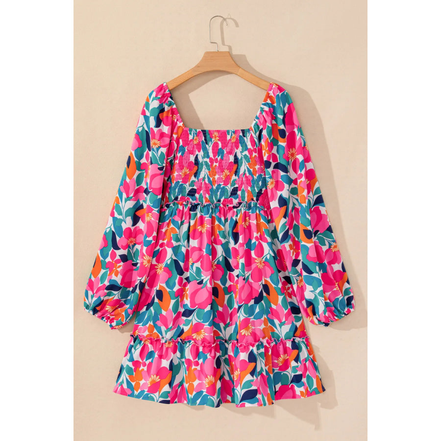 Plus Size Smocked Floral Square Neck Balloon Sleeve Dress Apparel and Accessories