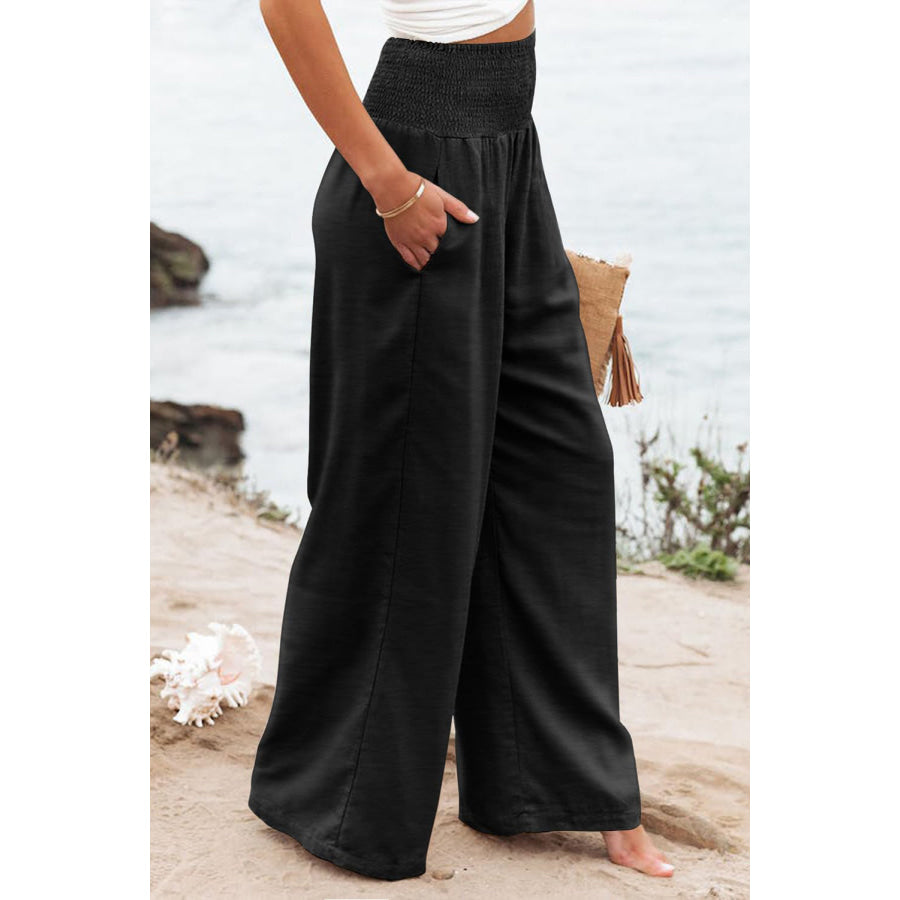 Plus Size Smocked High Waist Wide Leg Pants Black / 1X Apparel and Accessories