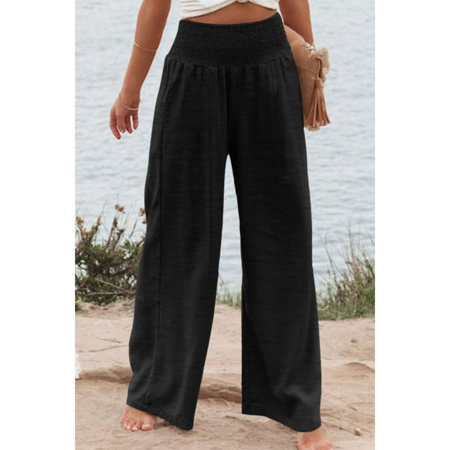 Plus Size Smocked High Waist Wide Leg Pants Black / 1X Apparel and Accessories