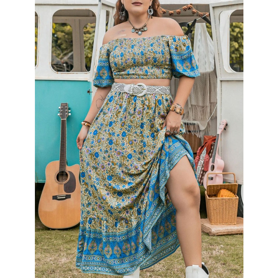 Plus Size Smocked Off Shoulder Top and Skirt Set Apparel and Accessories