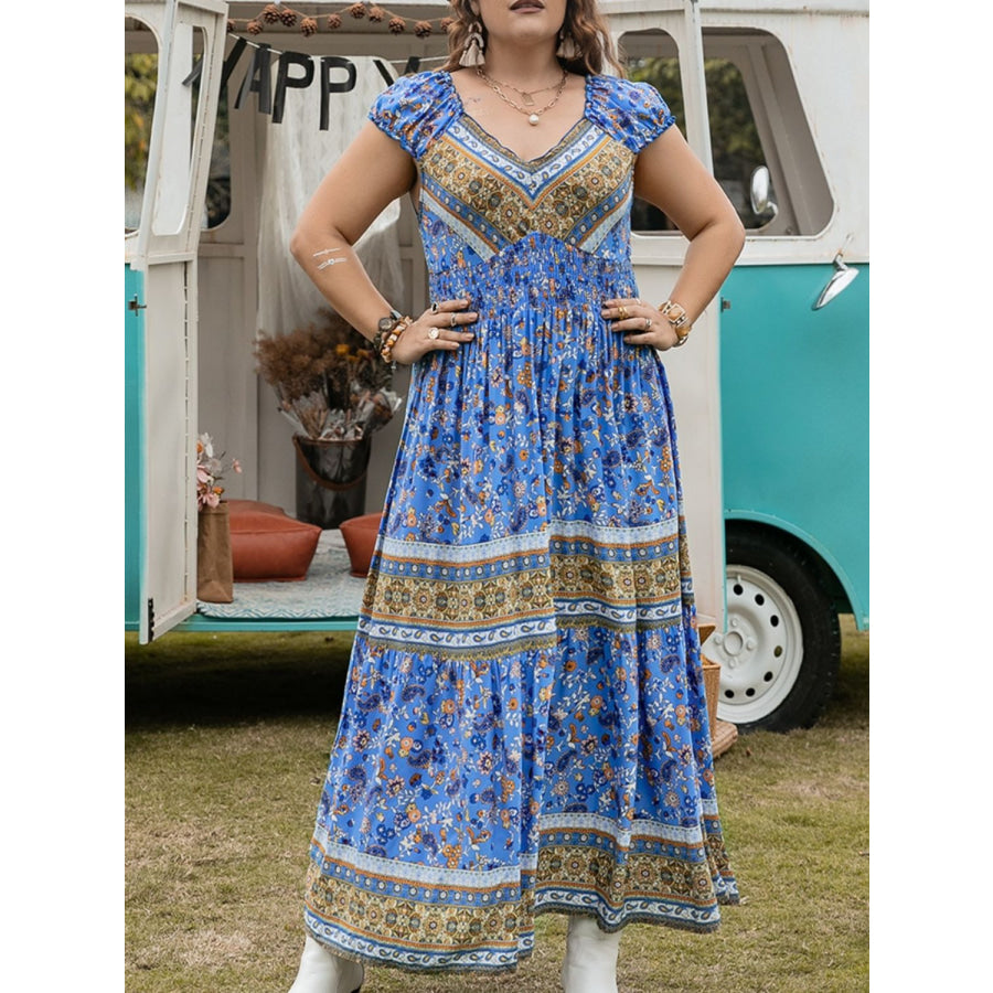 Plus Size Smocked Printed Cap Sleeve Dress Apparel and Accessories